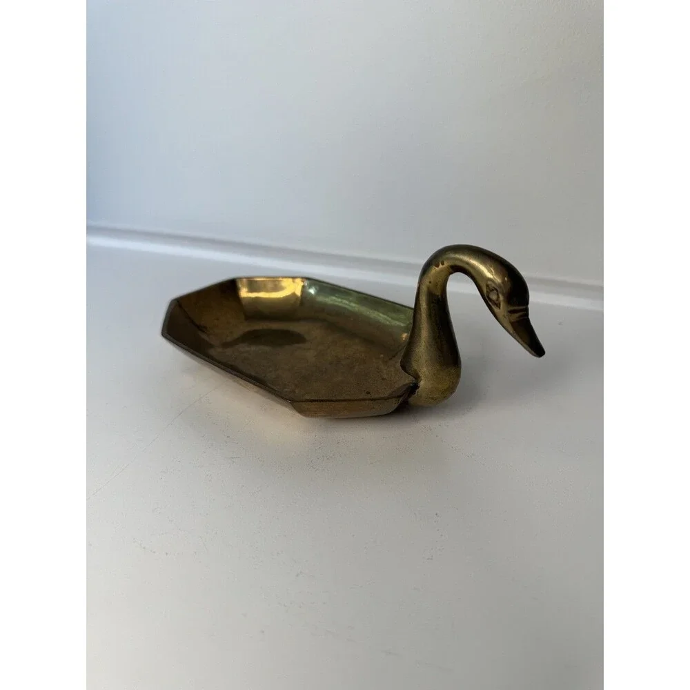 Vintage Brass Swan Trinket Dish Mid Century Modern Octagonal Bowl
